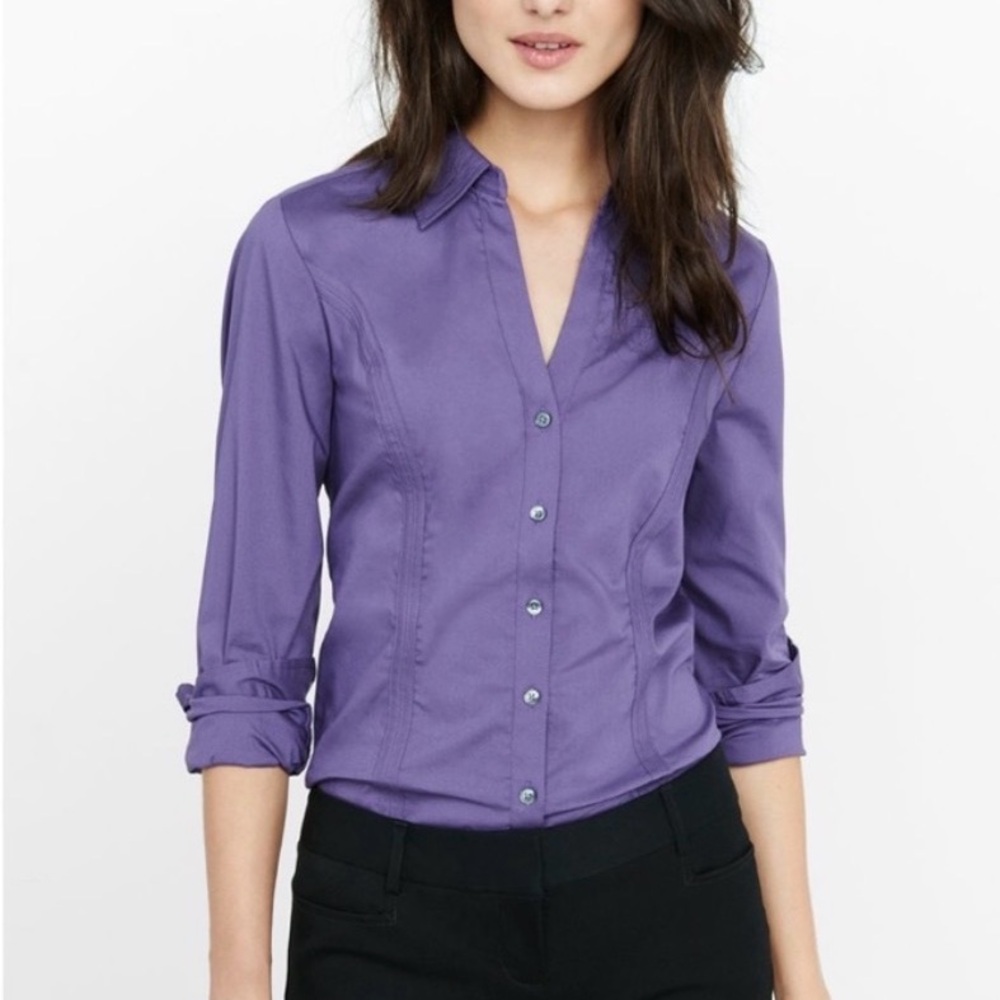 Express Purple Fitted Button-Down Shirt